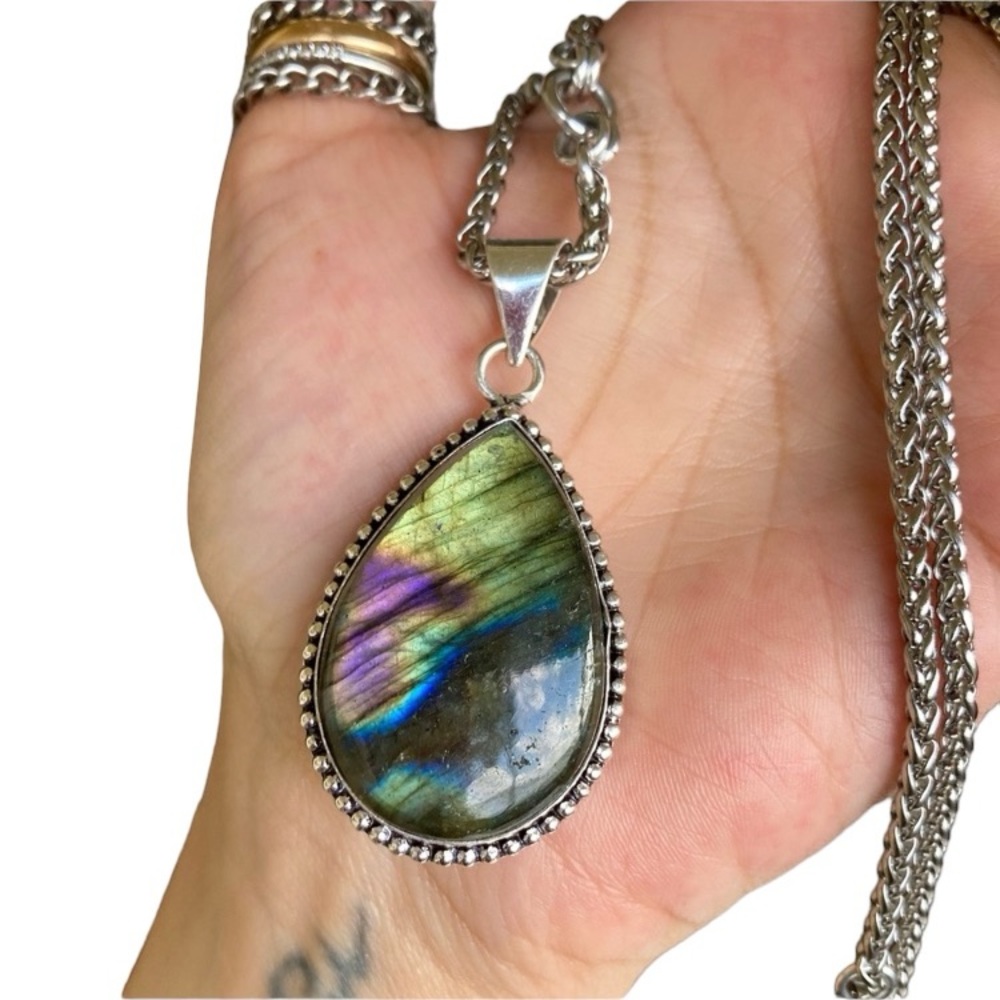 925 Sterling silver overlay iridescent rainbow pink blue labradorite necklace - Picture 8 of 14
